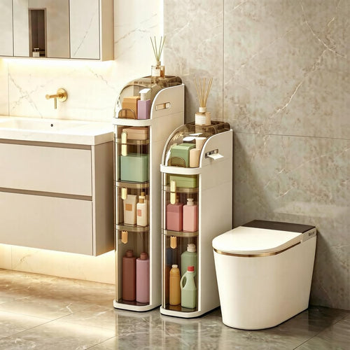 4-Tier Slim Bathroom Storage Cabinet, Narrow Rolling Storage Cart with Wheels, White Plastic Slim Organizer for Small Bathroom, Kitchen, Laundry Room, Corner