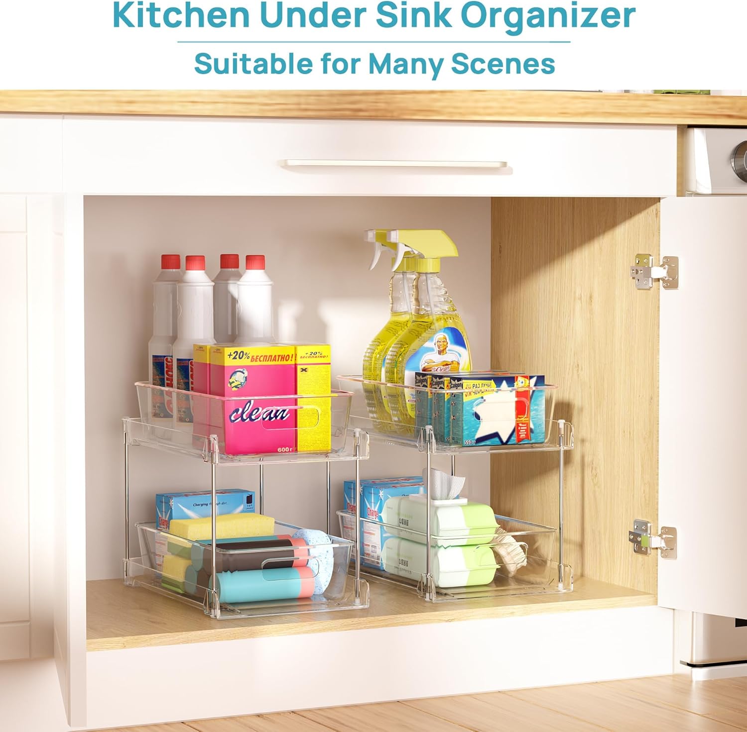4 Pack Bathroom under Sink Organizers Organizer, 2 Tier Clear Pull-Out Organization (S-Standard)