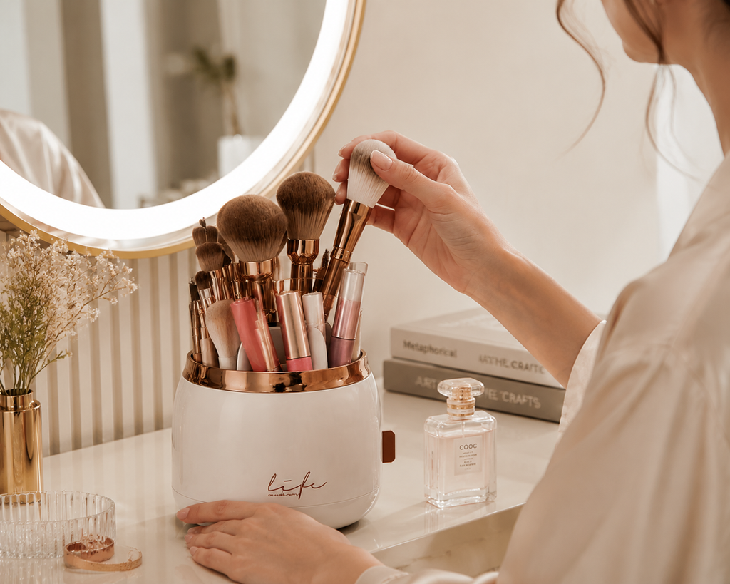 Dust-Proof Makeup Brush Organizer with Clear Dome Lid – Elegant Cosmetic Storage Box for Vanity & Bathroom