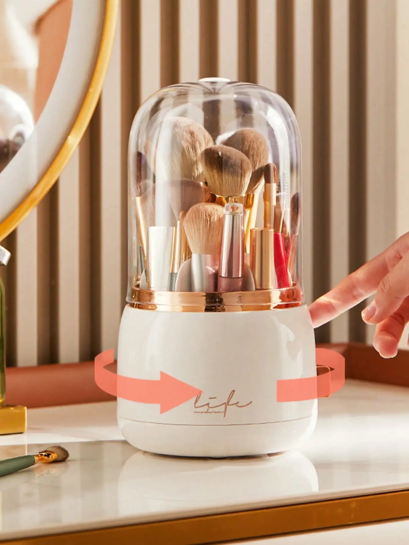 Dust-Proof Makeup Brush Organizer with Clear Dome Lid – Elegant Cosmetic Storage Box for Vanity & Bathroom