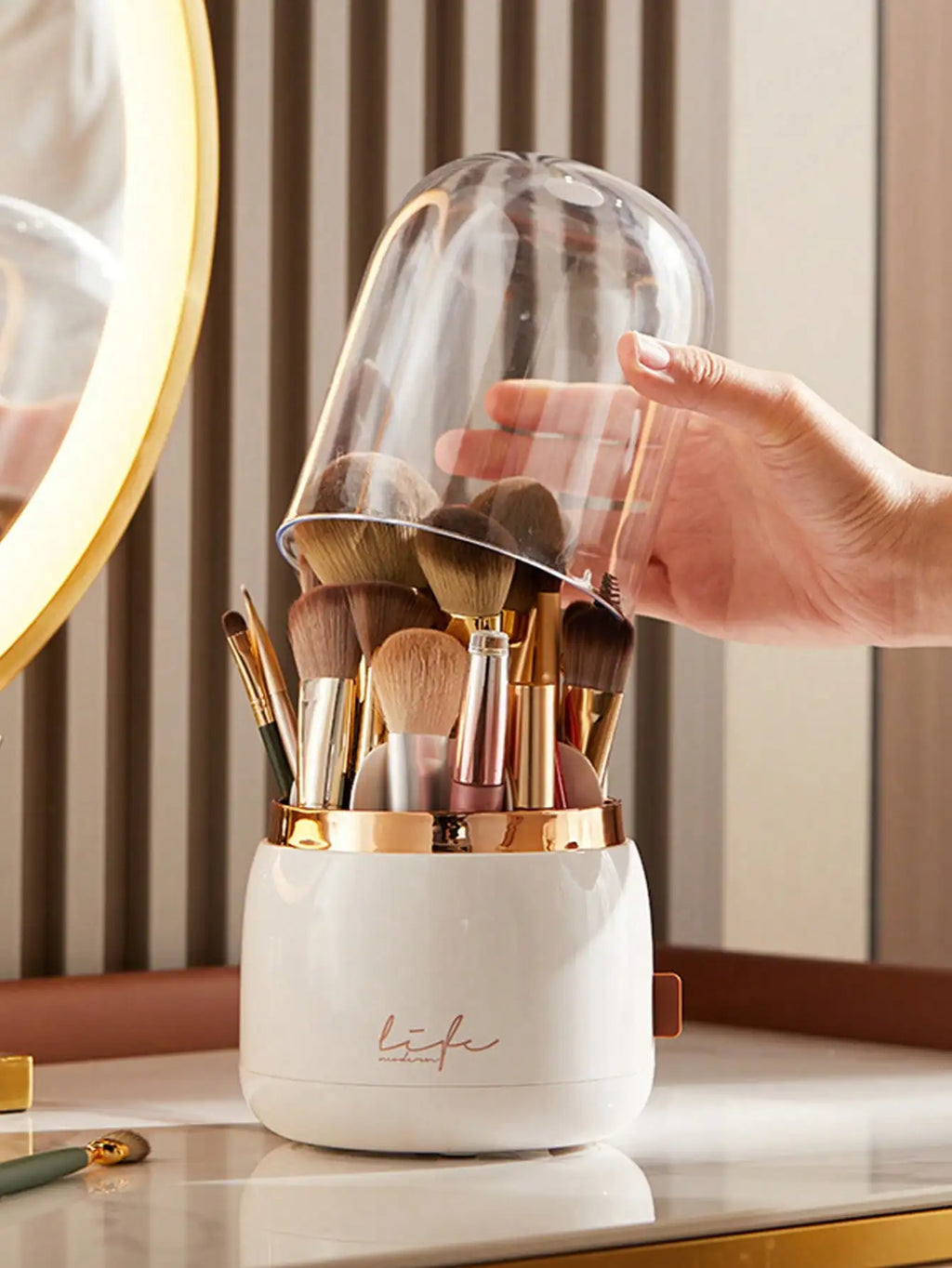 Dust-Proof Makeup Brush Organizer with Clear Dome Lid – Elegant Cosmetic Storage Box for Vanity & Bathroom