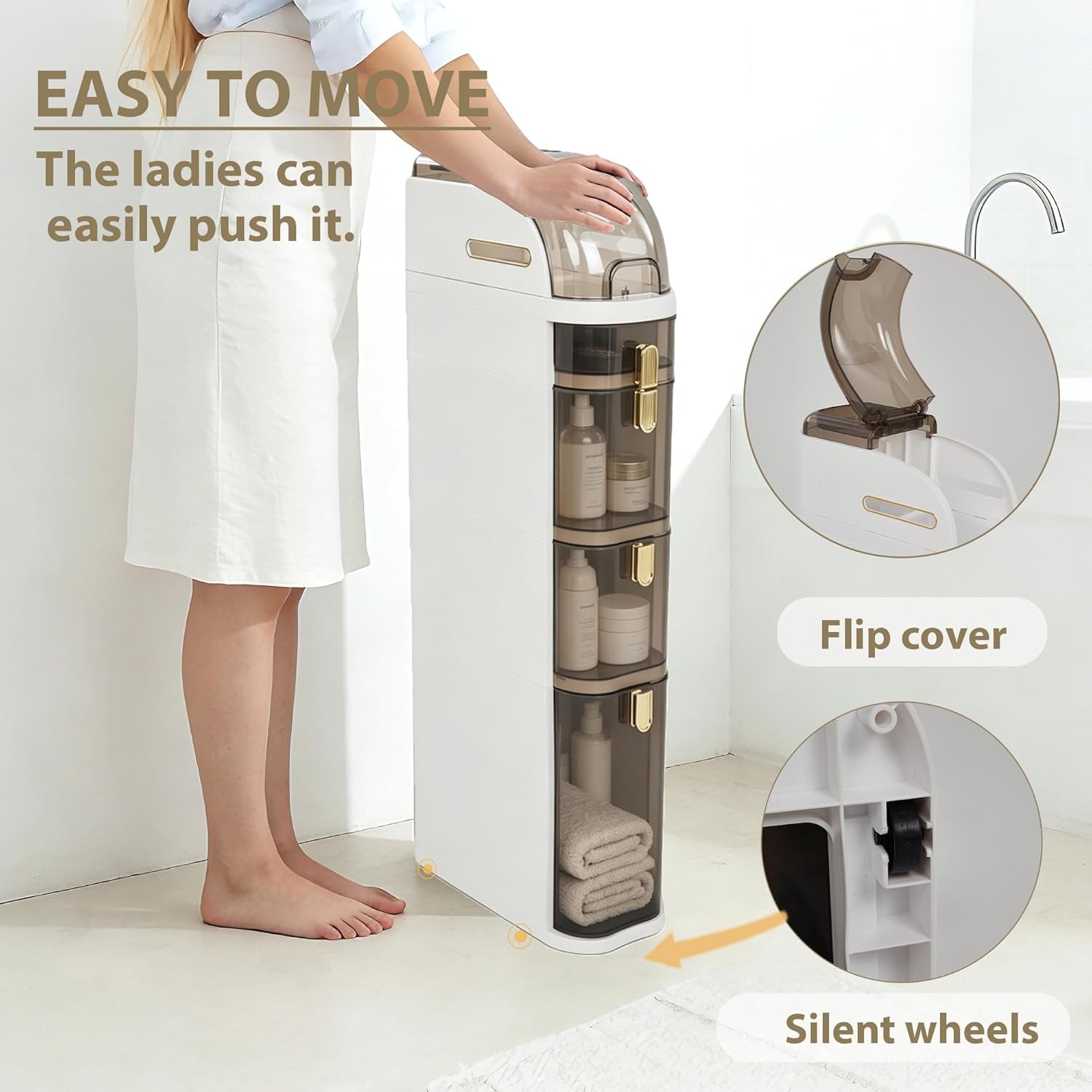 4-Tier Slim Bathroom Storage Cabinet, Narrow Rolling Storage Cart with Wheels, White Plastic Slim Organizer for Small Bathroom, Kitchen, Laundry Room, Corner