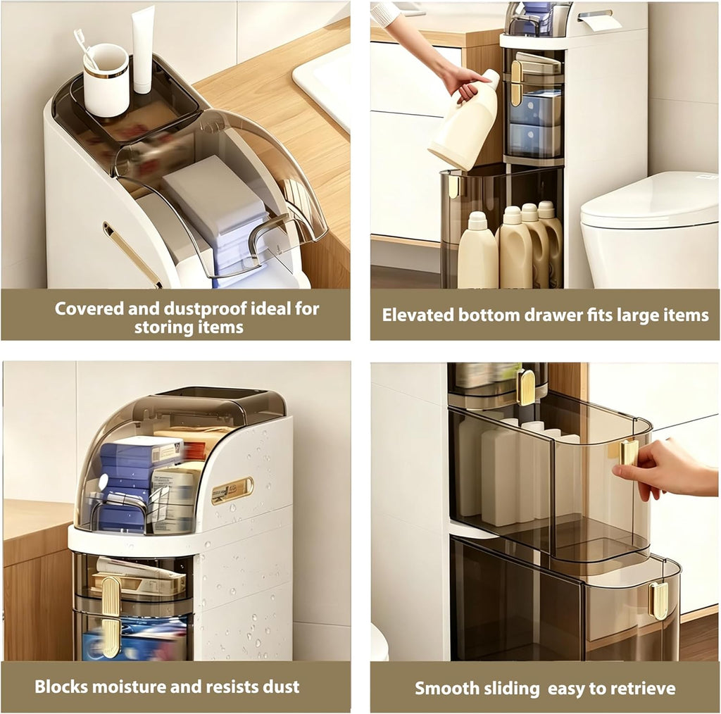 4-Tier Slim Bathroom Storage Cabinet, Narrow Rolling Storage Cart with Wheels, White Plastic Slim Organizer for Small Bathroom, Kitchen, Laundry Room, Corner