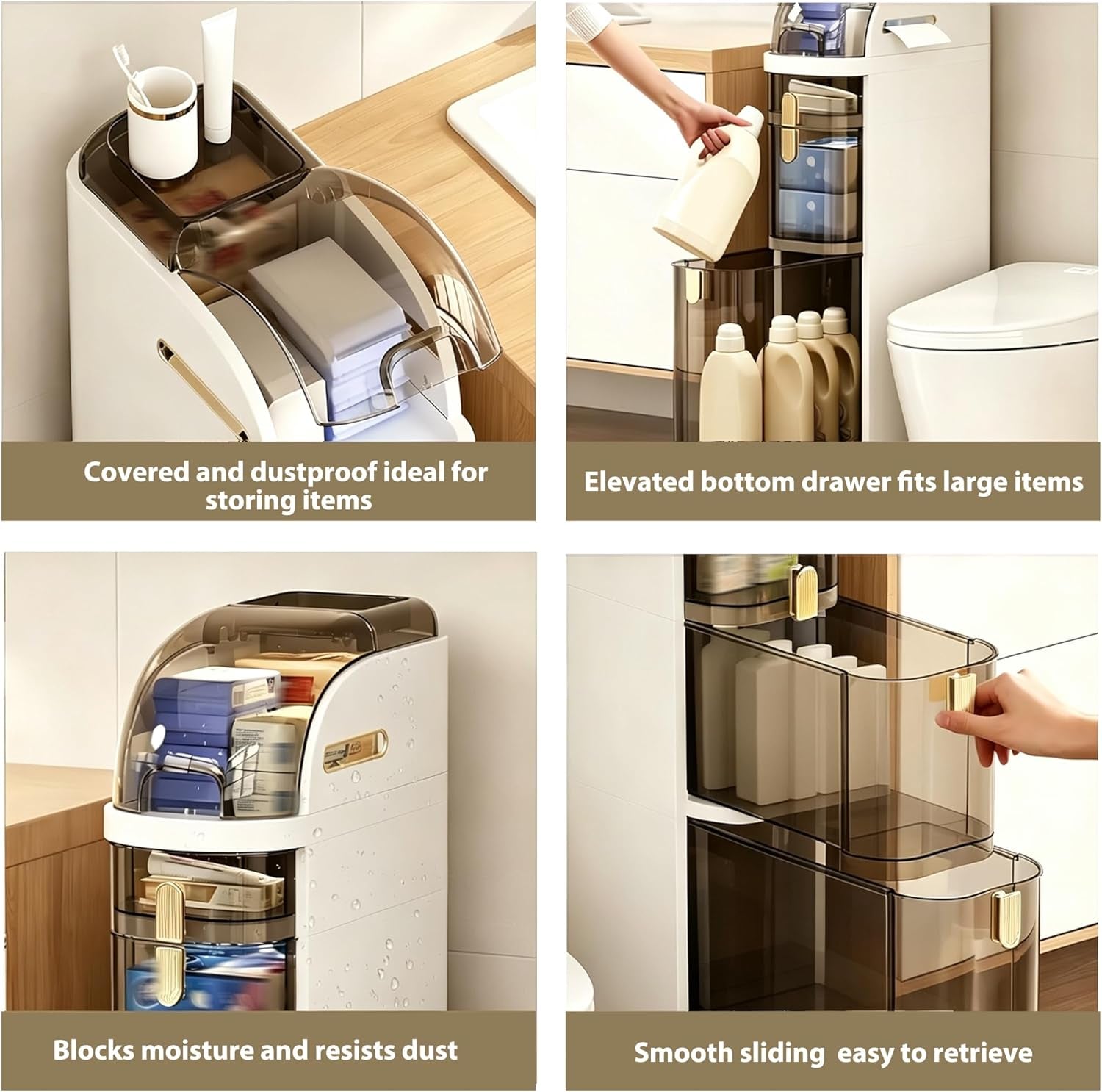 4-Tier Slim Bathroom Storage Cabinet, Narrow Rolling Storage Cart with Wheels, White Plastic Slim Organizer for Small Bathroom, Kitchen, Laundry Room, Corner